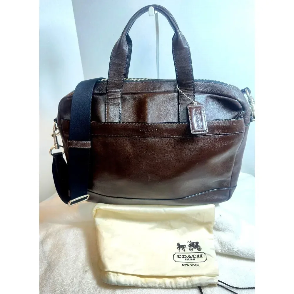 Coach Dark Brown Leather Laptop Bag Briefcase Crossbody Strap EUC